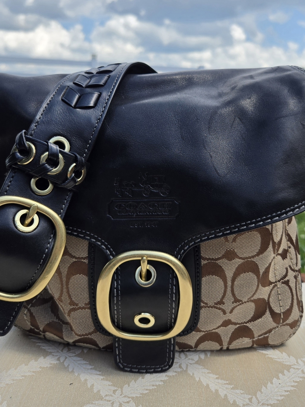 Coach Black Leather & Tan Signature Canvas Shoulder Bag with M0794-11434